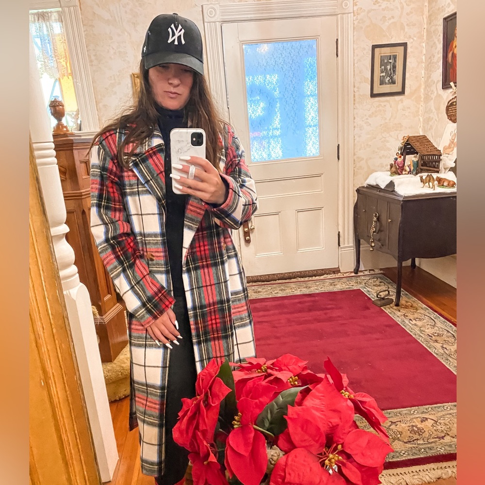 Old Navy plaid trench coat size large Christmas coat
